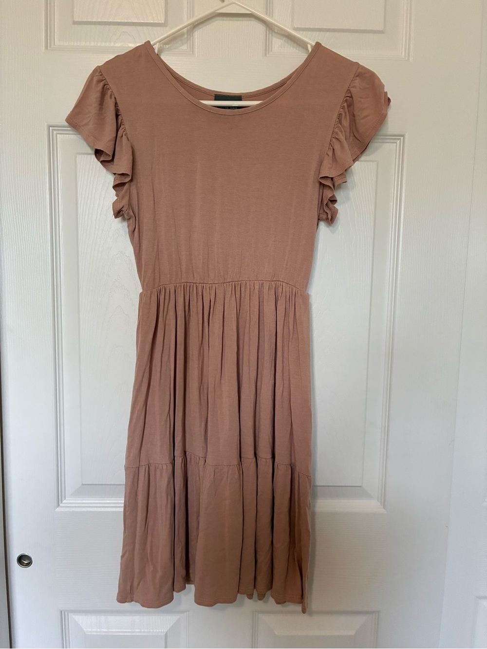 Olivia Rae Dress Flutter Sleeve Tiered Skirt Knit Stretch Blush Rose Size Small